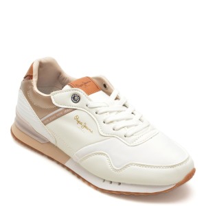 Pantofi sport PEPE JEANS albi, LONDON STREET,  din piele ecologica, dama
