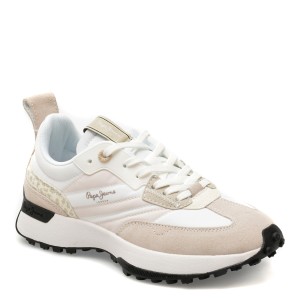 Pantofi sport PEPE JEANS albi, LUCKY PRINT,  din material textil, dama