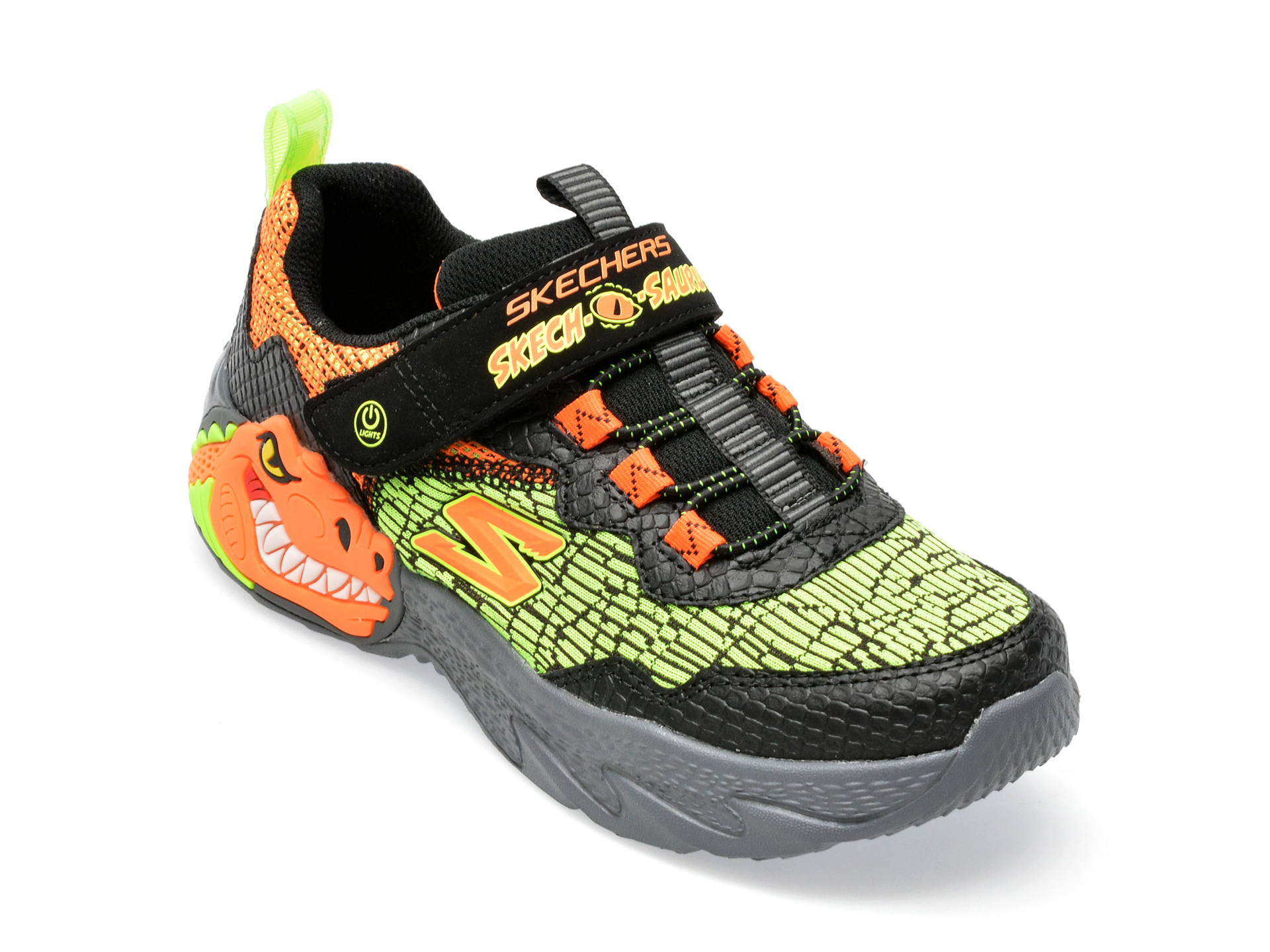Pantofi SKECHERS negri, DINO-LIGHTS, din piele ecologica si material textil Skechers imagine noua 2022