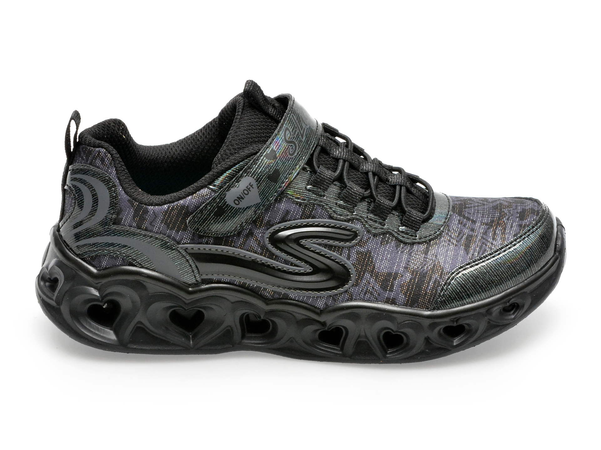 Pantofi SKECHERS negri, HEART LIGHTS, din piele ecologica si material textil