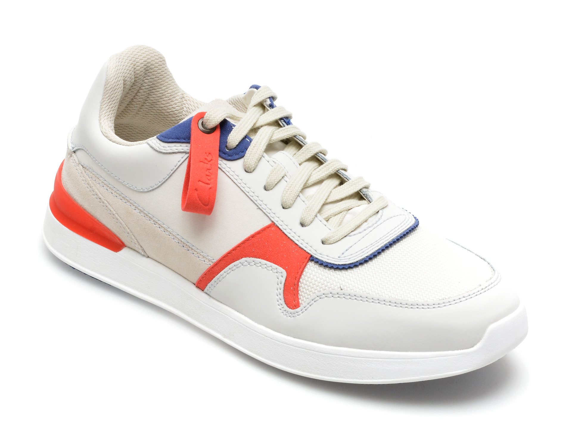 Pantofi sport CLARKS albi, RACLITO, din material textil si piele naturala