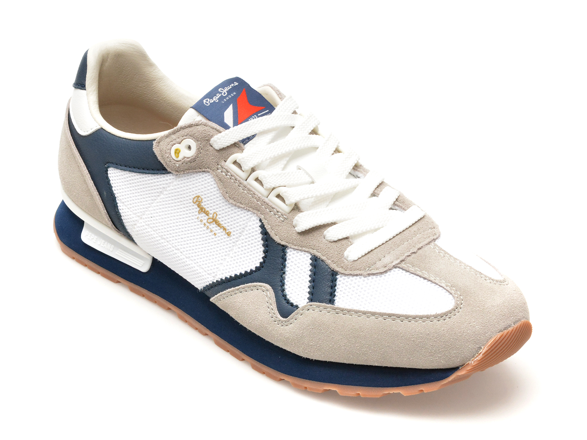 Pantofi sport PEPE JEANS albi, BRIT RETRO, din piele intoarsa