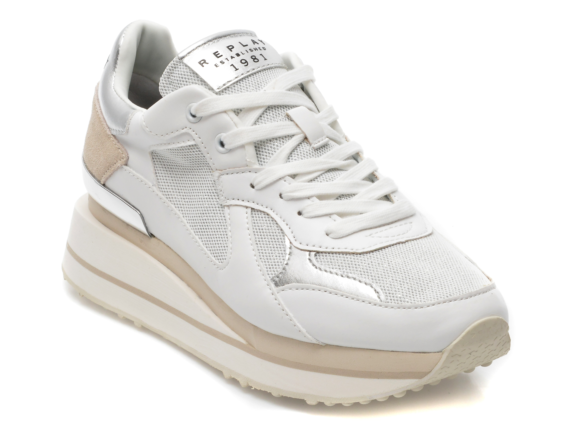 Pantofi sport REPLAY albi, WS4M07S, din material textil si piele ecologica