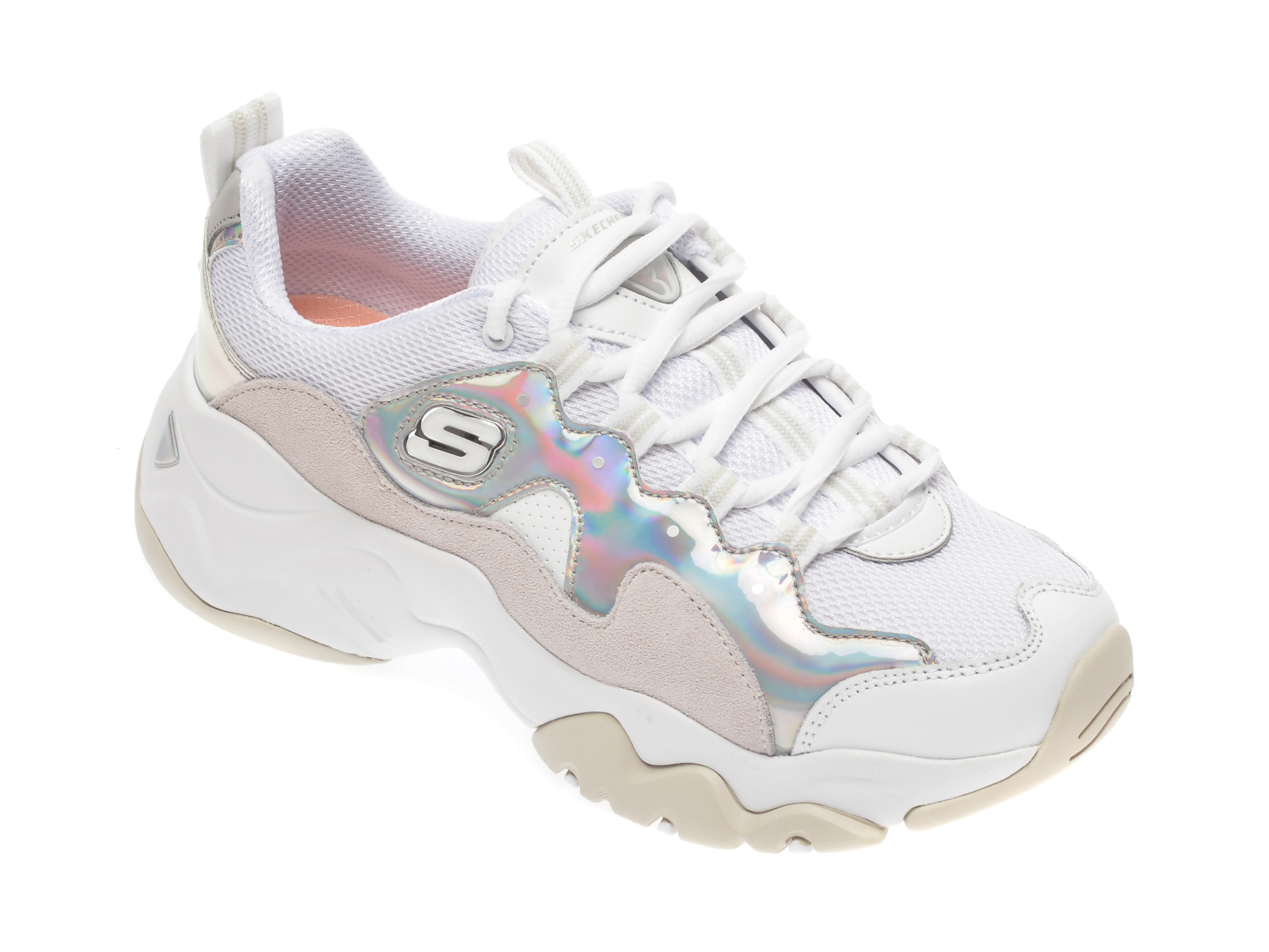 Pantofi sport SKECHERS albi, Dlites 3.0 Liquid Silver, din material textil si piele intoarsa